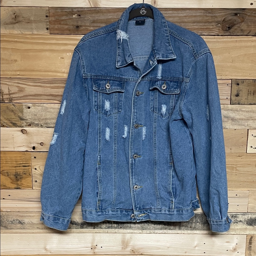 Judy Bridal size Large Classic Blue Distressed Denim Jacket with Pockets